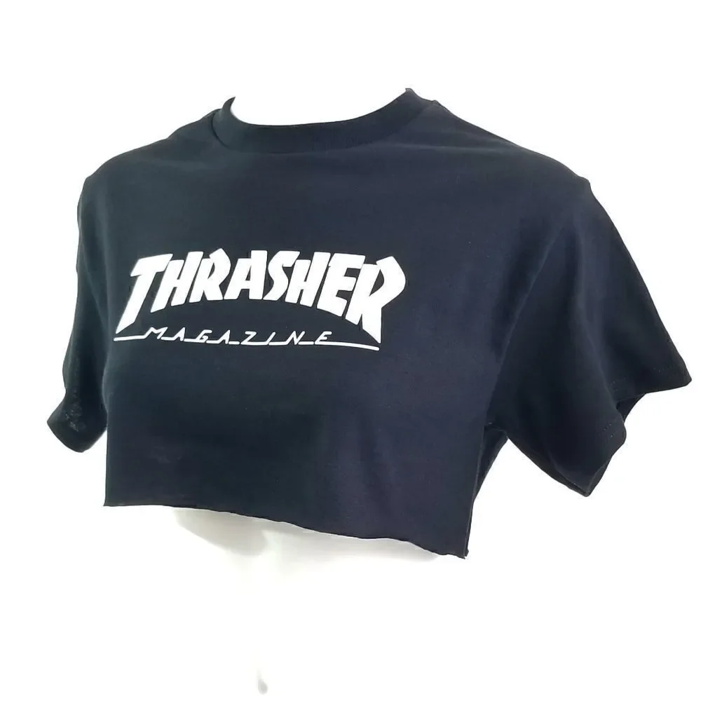 Reworked THRASHER Magazine Big Logo Print "Cropped" Crop Top Skateboarding Tee - Picture 3 of 5
